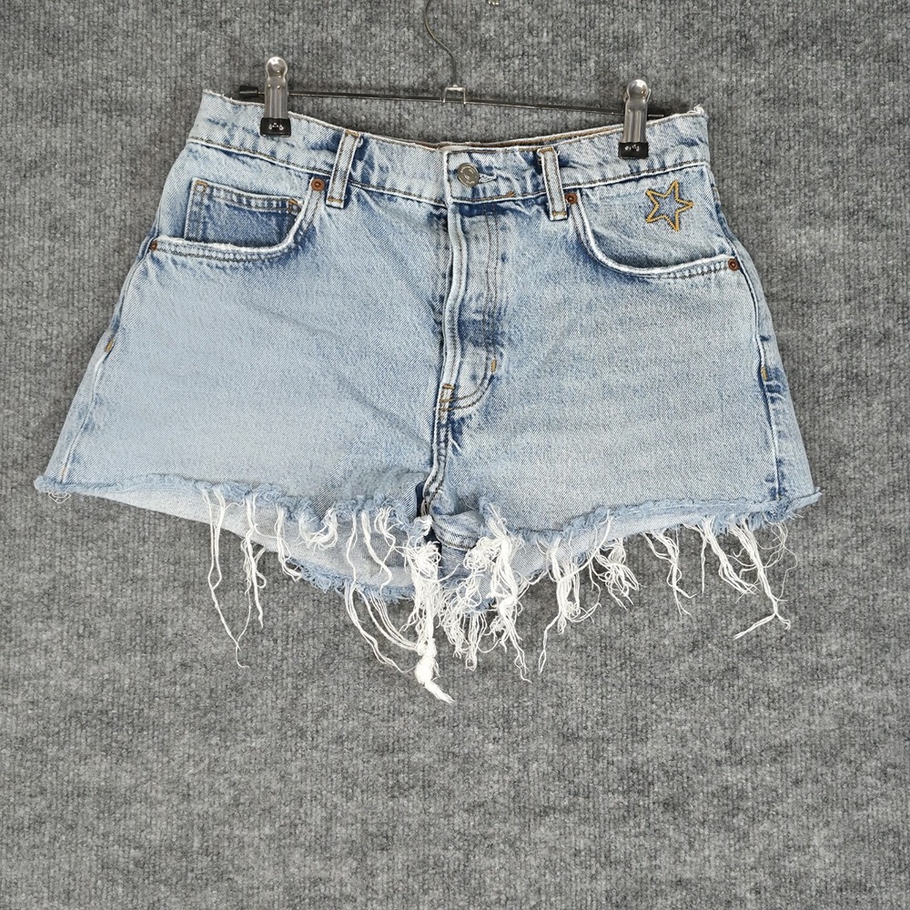 Reformation Charlie High Rise Denim Shorts Size 27 Star Embroidered Star Blue